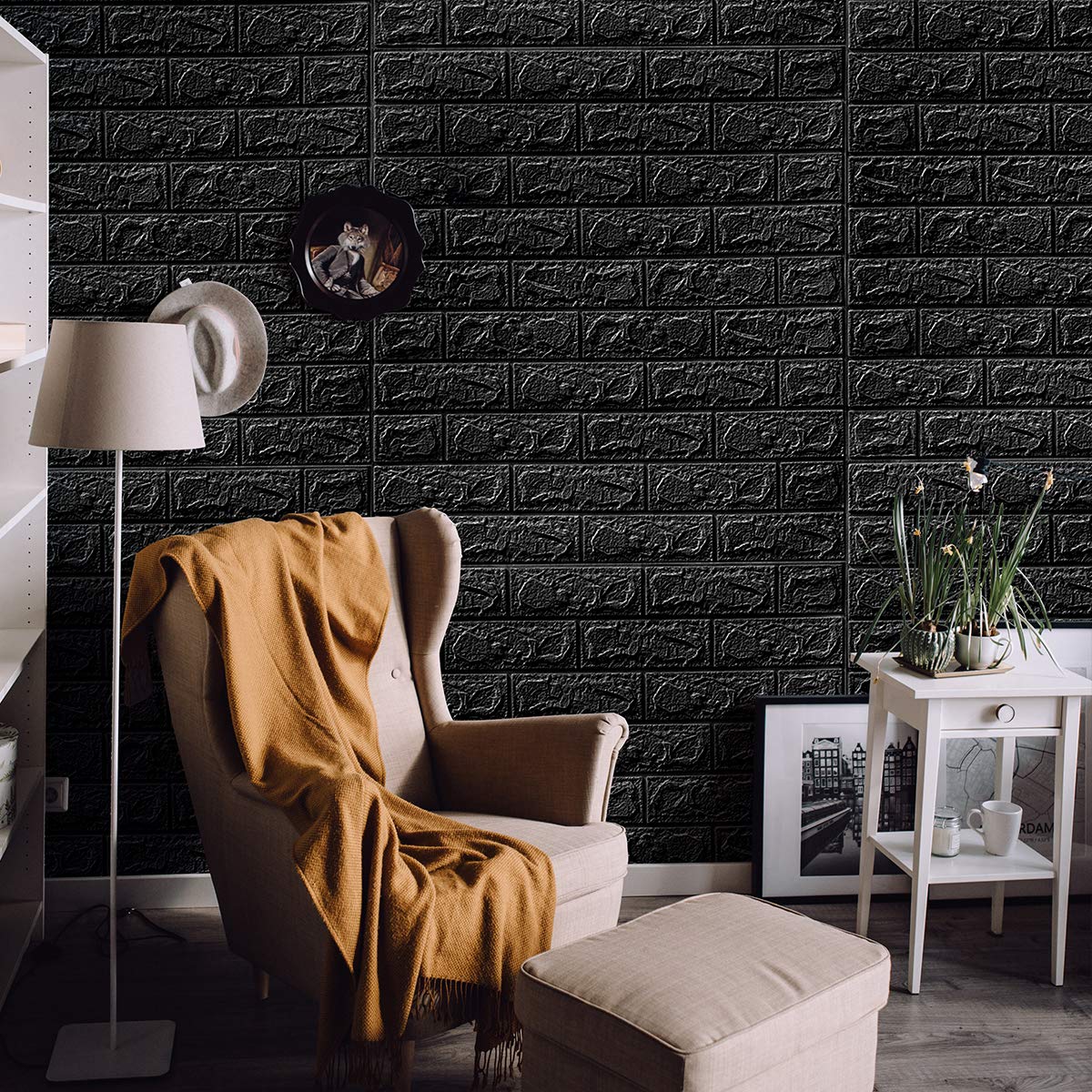 Paquete de 20 paneles de ladrillo sintético 3D de 115 pies cuadrados para decoración de paredes, despegar y pegar en negro
