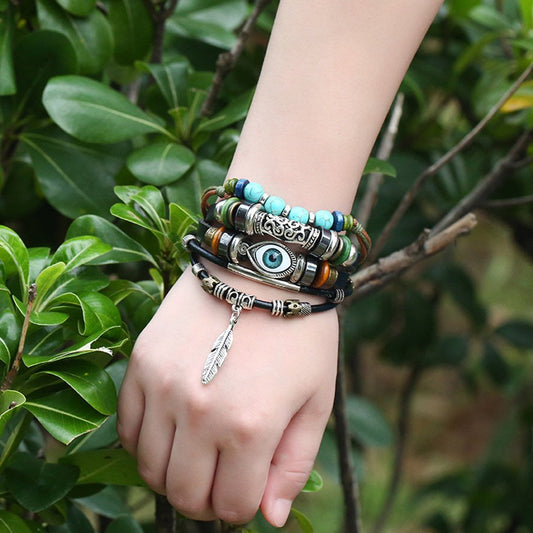 Boho Blue Evil Eye Lederperlen-Armbänder, Retro-Mehrschicht-Perlenarmband für Damen und Herren