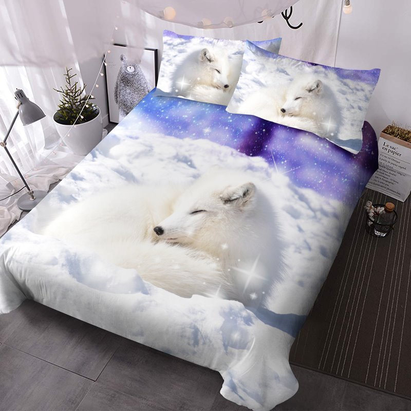 Arctic Fox 3D Animal Print Comforter Set 3-Piece Bedding Set No-Fading Microfiber Comforter with 2 Pillowcases