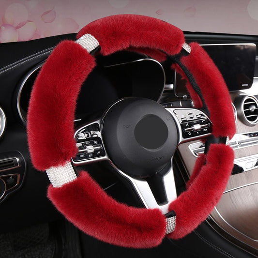 Fluffy Steering Wheel Cover for Women, Universal Rhinestone Bling Comfortable Non-Slip Luxurious Faux Wool & Glam Vehicle for Ladies, Girls, 15 Inch