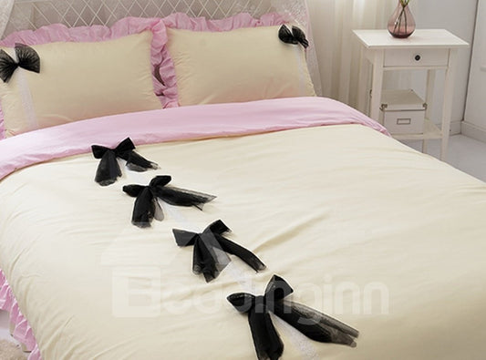 Juego de cama/funda nórdica de 4 piezas de algodón con decoración de lazos negros en blanco y rosa