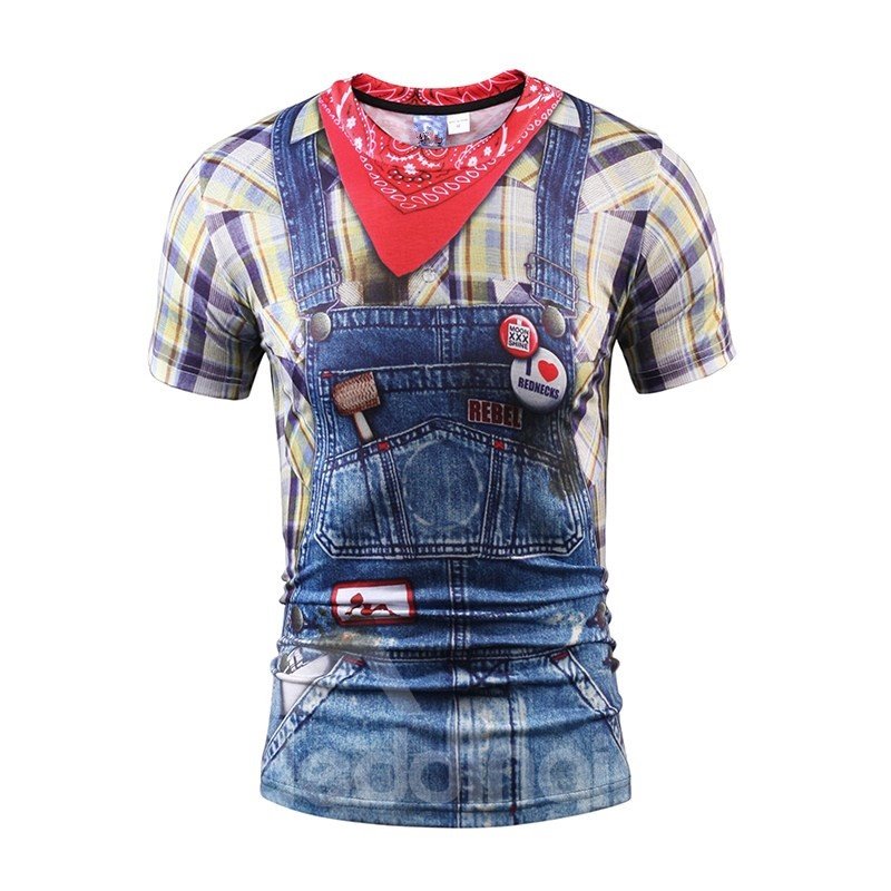 Funny Denim Strap Printed Round Neck Overalls and Shirt Pattern 3D Painted T-shirt