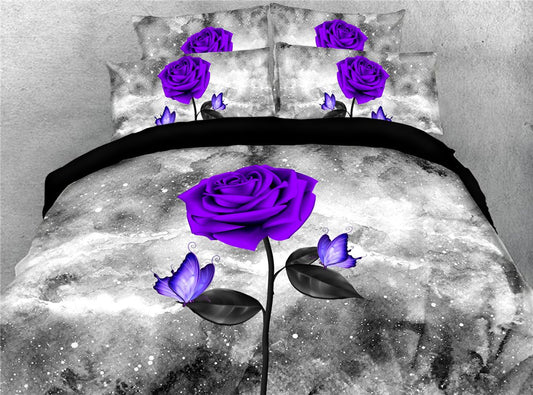 3D-gedruckte Bettwäsche mit lila Blumen, 4-teiliges Bettbezug-Set, ultraweicher Bettbezug mit Reißverschluss und Eckbändern, 2 Kissenbezüge, 1 Bettlaken, 1 Bettbezug aus Mikrofaser 