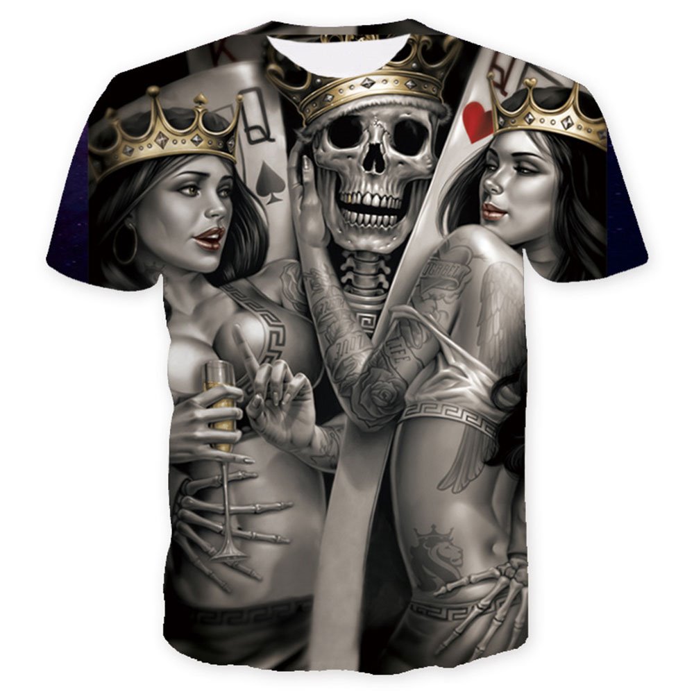 Cool Skull King with Beauties Print Camiseta casual de manga corta con cuello redondo para hombre con tela cómoda y transpirable 