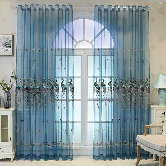 Pfauenstickerei, Tüll, Blau, elegante, durchsichtige Vorhänge für Wohnzimmer, Schlafzimmer, Dekoration, individuell, 2 Bahnen, atmungsaktive Voile-Vorhänge