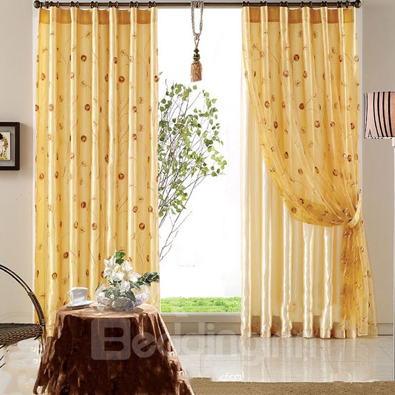 Blackout Polyester Embroidered Dandelions Modern Style 2 Panels Grommet top Curtain Set