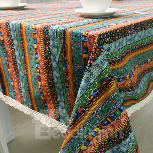 Soft Cotton Blue Shading with White Lace Ethnic Style Table Cloth