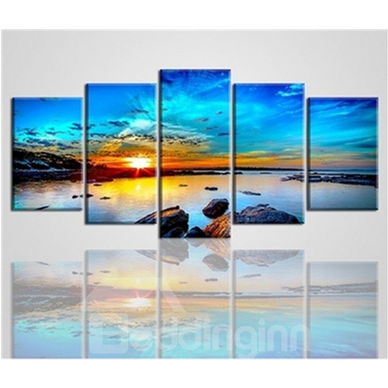 Blue Sky and Sea Sunrise Hanging 5-Piece Canvas Non-framed Wall Prints