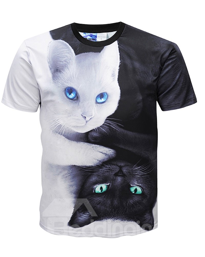 Men Casual 3D Cat Printed Short Sleeve Funny T-Shirts Round Neck Top Tee T-Shirt