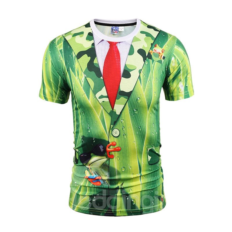 Camisetas 3D de poliéster con estampado de hojas verdes y corbata roja para hombre 