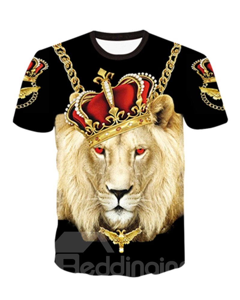 Super cooles schwarzes 3D-gemaltes T-Shirt mit Rundhalsausschnitt und Löwenmuster