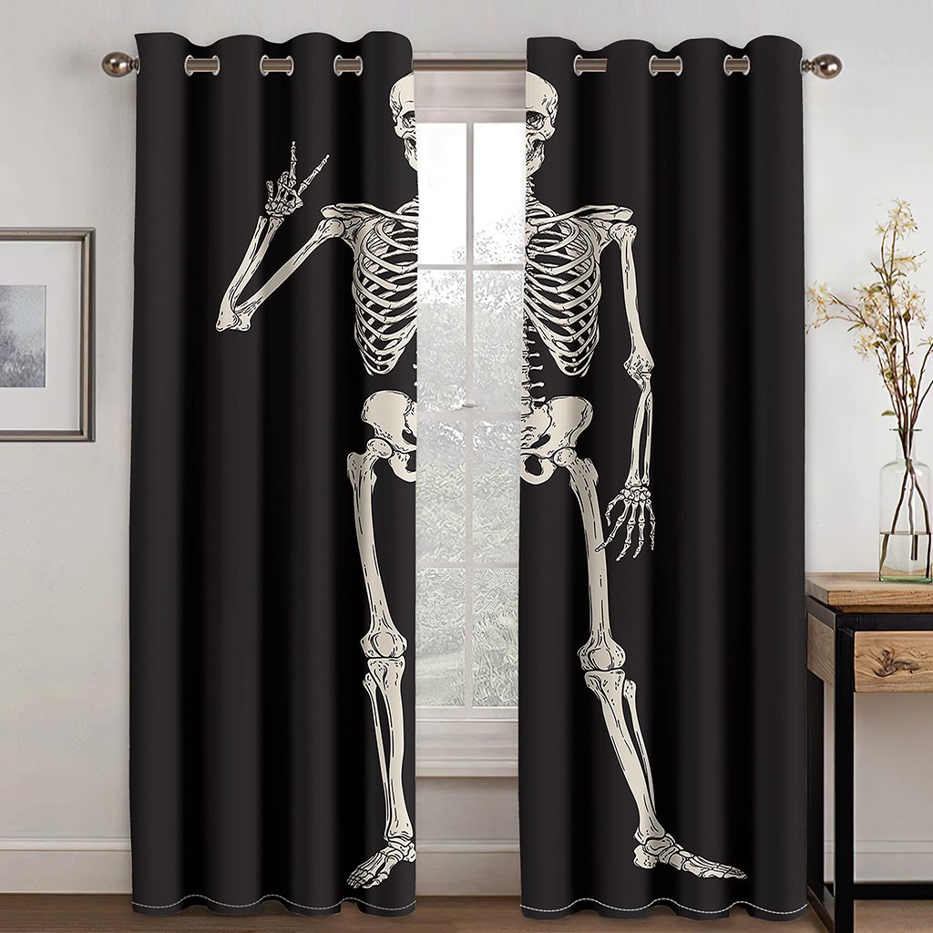 Kreativer Halloween-Schädel, schwarz, 3D-gedruckt, Verdunkelungsdekoration, Fensterschattierungsvorhänge, individuelle 2-Panel-Vorhänge 