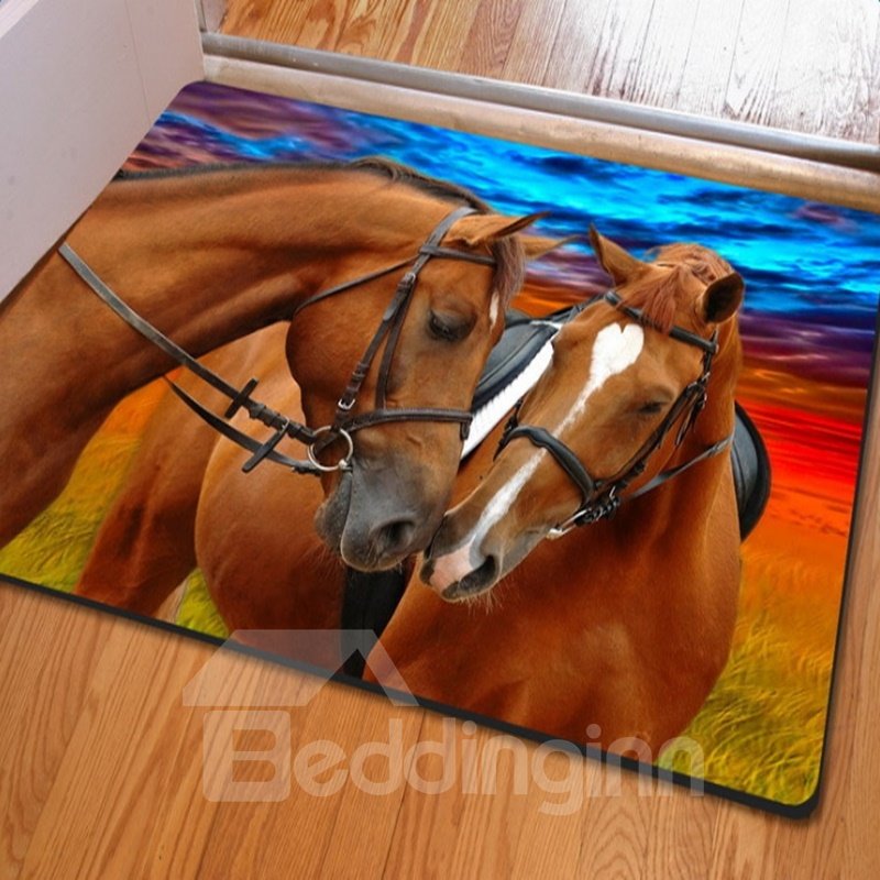 Rechteckige, dekorative, rutschfeste Fußmatte mit zwei liebevollen romantischen Pferden