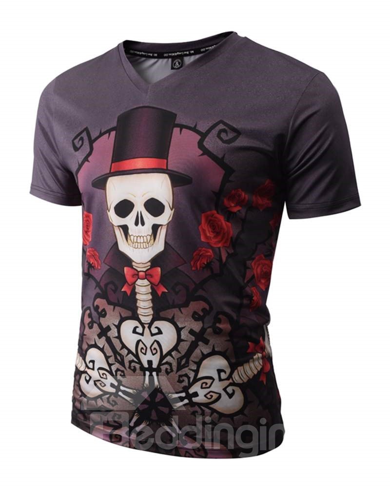 Spezielles 3D-bemaltes T-Shirt mit Totenkopf mit V-Ausschnitt und Hutmuster