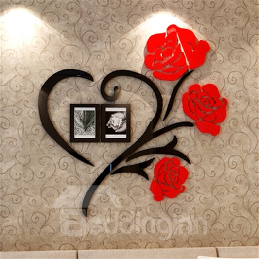 Etiqueta de la pared 3D de la sala de estar material acrílico del patrón del corazón del amor del marco de dos fotos rojo