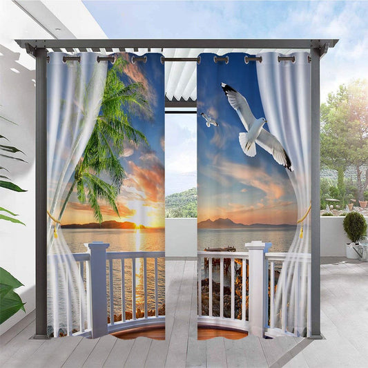 Moderne 3D-Landschaftsvorhänge für den Außenbereich, Cabana-Vorhang mit Ösen, wasserdicht, sonnenbeständig, wärmeisolierendes Polyester, 2 Bahnen