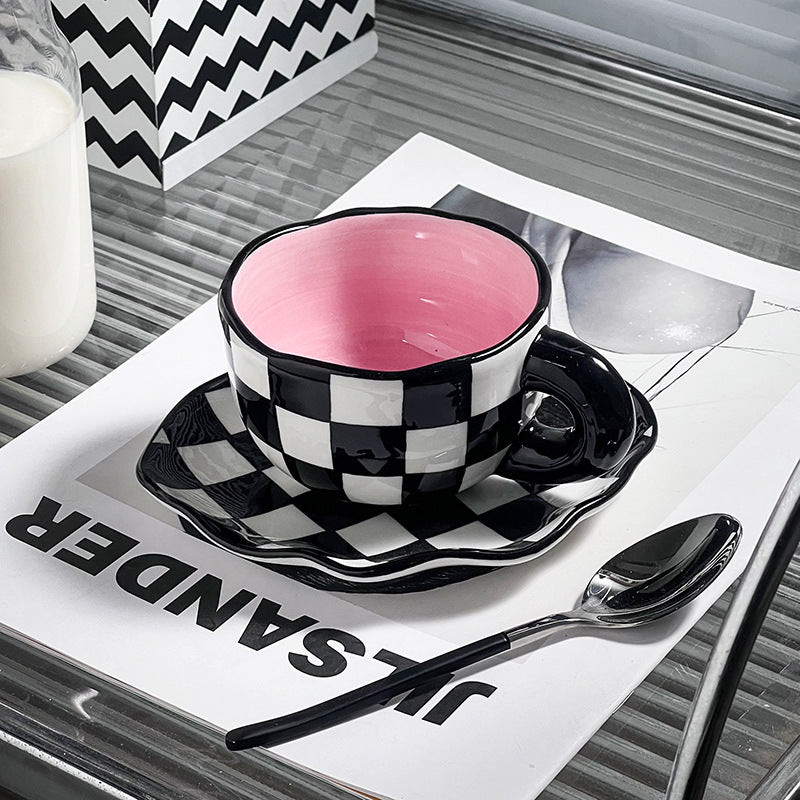 Checkered Tea Cup with Saucer 7 Oz, Ceramic Black and White Checkered Coffee Cup Saucer Set for Women