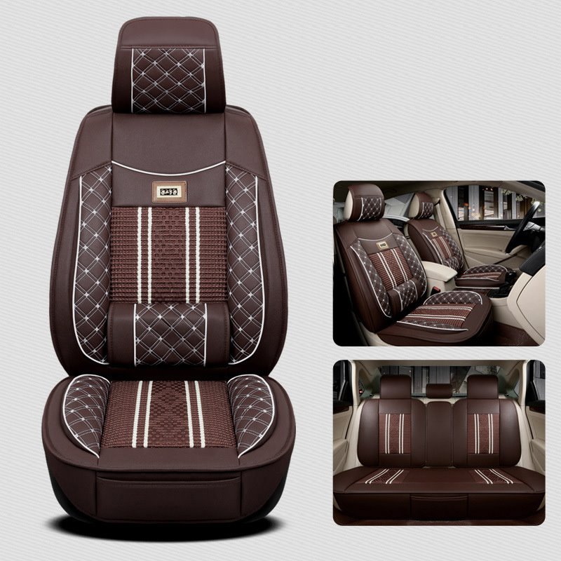 5 Sitze, hochwertiges, verschleißfestes Leder, Eisseide, Sommer, kühl, hautfreundlich, umweltfreundlich, langlebig, leicht zu reinigen, universelle Passform 