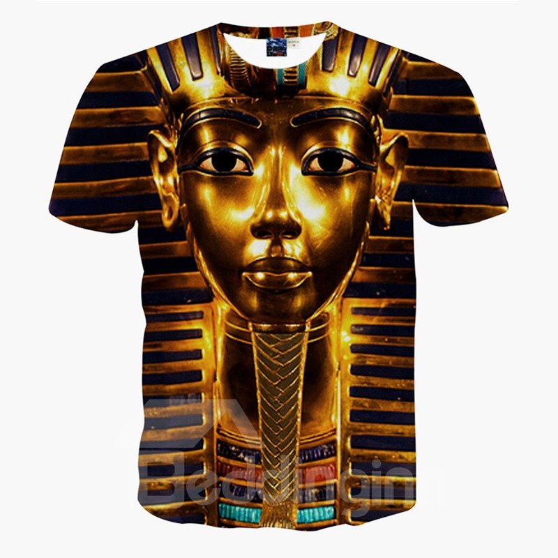 Sparking Round Neck Egyptian Pharaoh Mask Pattern 3D Painted T-Shirt