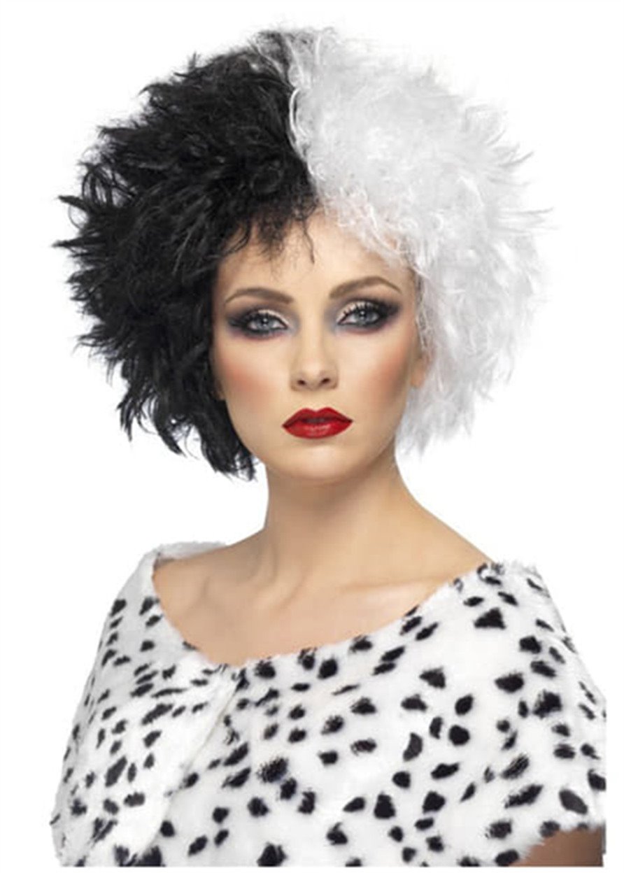 Peluca Cruella para mujer, peinado, pelo sintético blanco y negro, ondulado, 12 pulgadas, 130% pelucas 