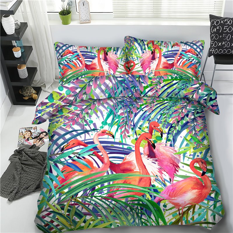 Blue Birds and Leaves Printing Polyester 4-Piece 3D Bedding Sets/Duvet Covers