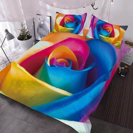 Buntes Regenbogen-Rosen-bedrucktes 3-teiliges Bettdecken-Set/Bettwäsche-Set 