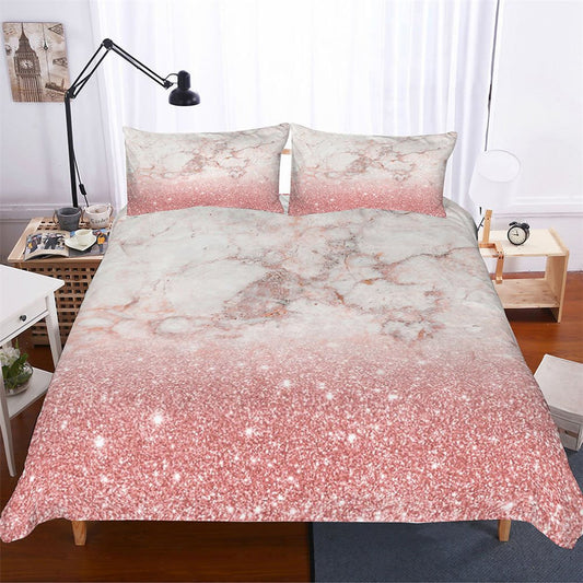 Rosa 4-teiliges Bettbezug-Set mit Sternen und Marmorierung, Reaktivdruck, chemische Reinigung, Polyester-Bettwäsche-Sets, 2 Kissenbezüge, 1 Bettbezug, 1 Bettlaken