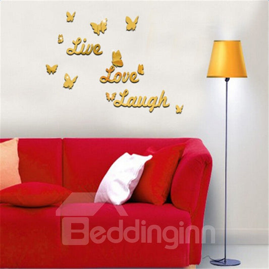 Pegatinas de pared 3D ecológicas con espejo acrílico plateado/dorado Live Love Laugh and Butterflies
