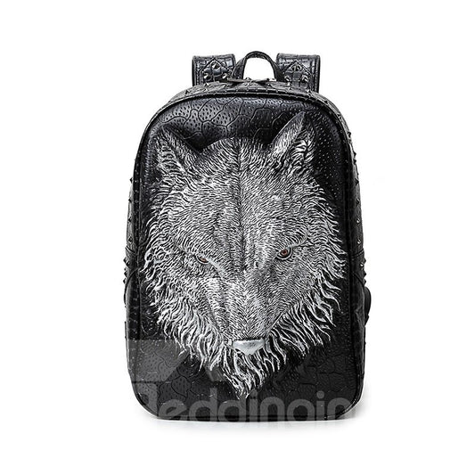 3D Wolf Face Studded Backpack PU Leather Shoulder Bag