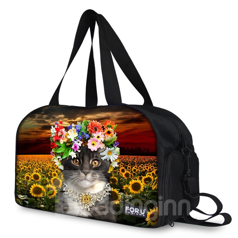 Cat with Flower Pattern Nylon Large Capacity Shoulder 3D Travel Bags