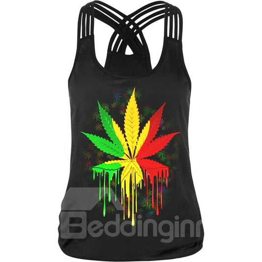 Camiseta sin mangas con cuello redondo y estampado 3D de mezcla de colores de hoja de arce