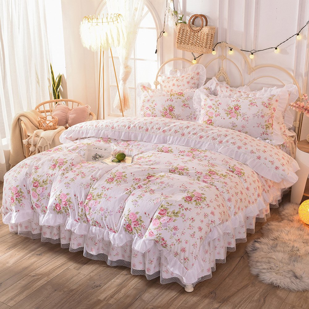 Juego de funda nórdica de color rosa desgastado, colección de ropa de cama de 4 piezas con flores rosas, elegante juego de falda de cama con volantes de encaje de princesa para niñas, tamaño Twin Full Queen King 