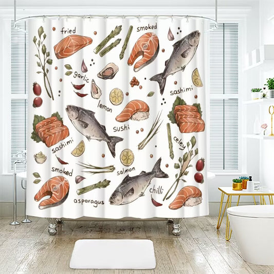 Salmon Fish Shower Curtain 71x71 Inch Rustic Ocean Fish Polyester Fabric Bathroom Shower Curtains with Sushi Salmon Ingrediants Print and Hooks