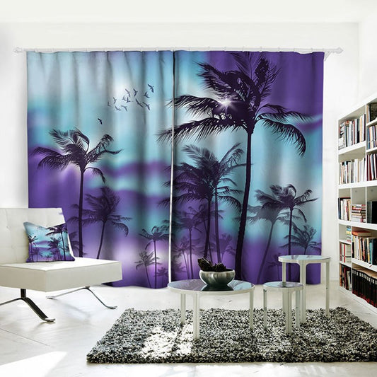 Blackout Curtains 3D Scenery Coconut Palm Purple Grommet Curtains Insulated for Living Room Bedroom Decoration Curtains Set of 2 Panels Heat Insulation Sun Protection