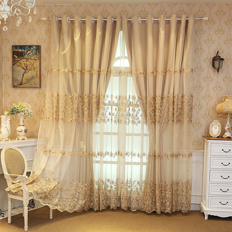 Cortinas de ventana de lino europeo, juegos de cortinas bordadas dobles, cortinas opacas transparentes y con forro para decoración de sala de estar y dormitorio 
