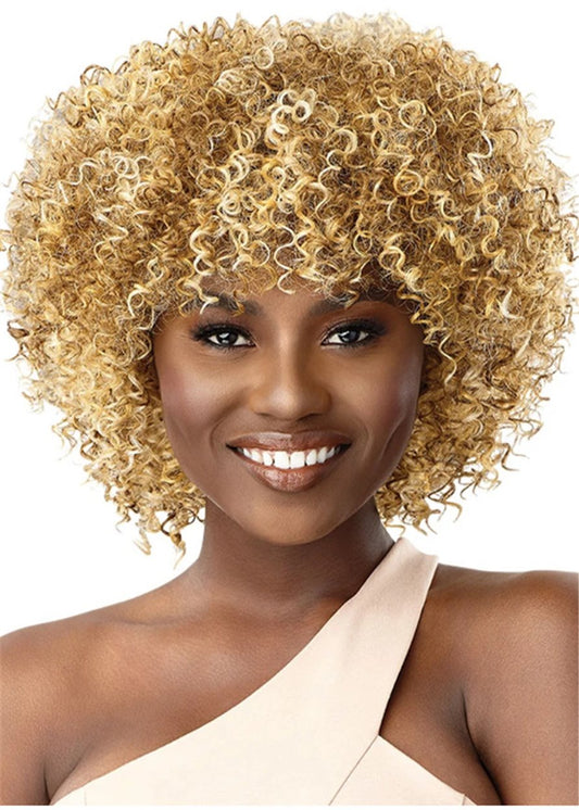 African American Blonde Afro Wig Kinky Curly Synthetic Hair Capless 16 Inches 130% Wigs