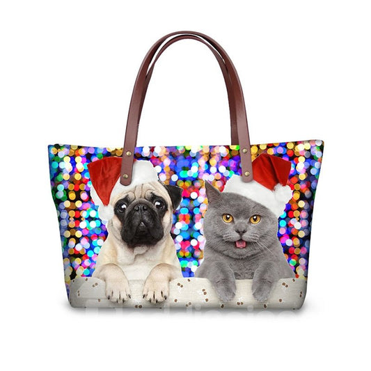 Christmas with Dog Cat Waterproof 3D Printed Shoulder Handbag