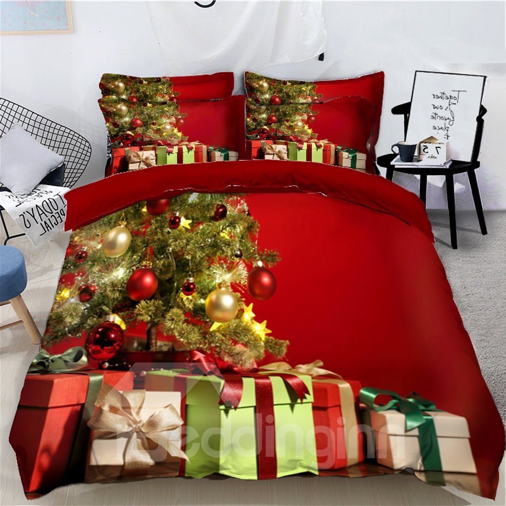 4-teiliges 3D-Bettwäsche-Set mit Weihnachtsbaum-Motiv, Kugeln und Licht, bedruckt, Bettbezüge, farbecht, verschleißfest, langlebig, hautfreundlich, ganzjährig, ultraweiche Mikrofaser, lichtecht