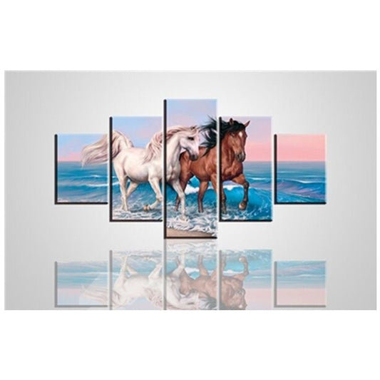 Dos caballos corriendo en la playa, lienzo de 5 paneles colgado, impresiones de pared sin marco