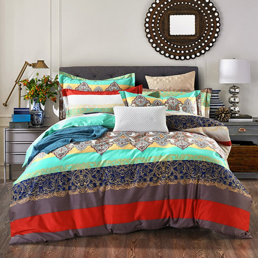 4-teiliges Bettbezug-Set im Bohemian-Stil, Baumwolle, Blau, Bettwäsche-Set mit Reißverschlussbändern, 1 Bettbezug, 1 Bettlaken, 2 Kissenbezüge, weich, bequem, langlebig 