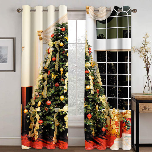 Weihnachts-3D-Verdunkelungsvorhänge, Tannenzweige, Weihnachtsbaum und Gittermuster, Wohnzimmer, Schlafzimmer, Fenstervorhänge, 2-teiliges Set