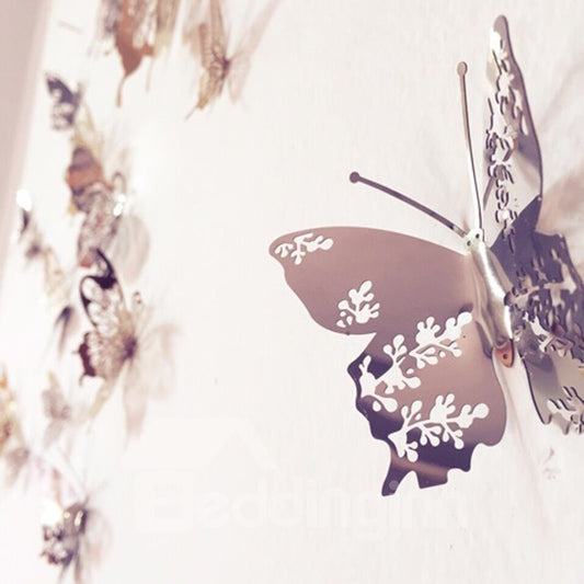 Silver Butterflies Stainless Steel Mirror Waterproof and Eco-friendly 9 Pieces 3D Wall Stickers