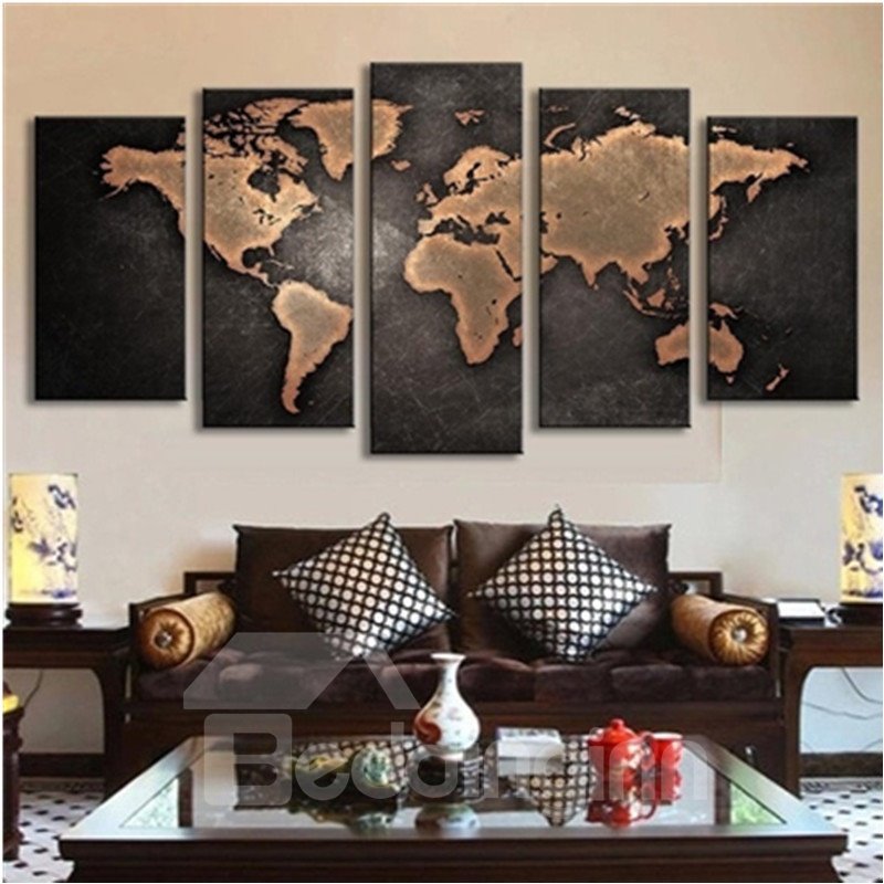 Mapa del mundo, lienzo de 5 piezas colgado, impresiones de pared sin marco