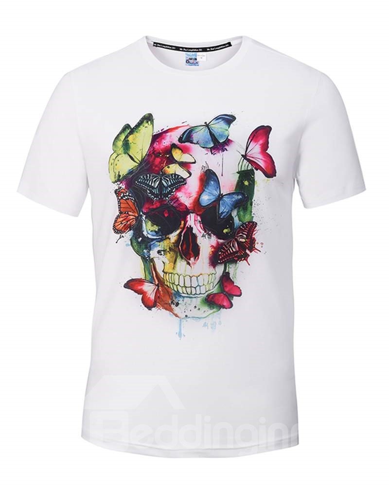 Super Round Neck Skull with Butterfly Pattern White 3D Painted T-Shirt