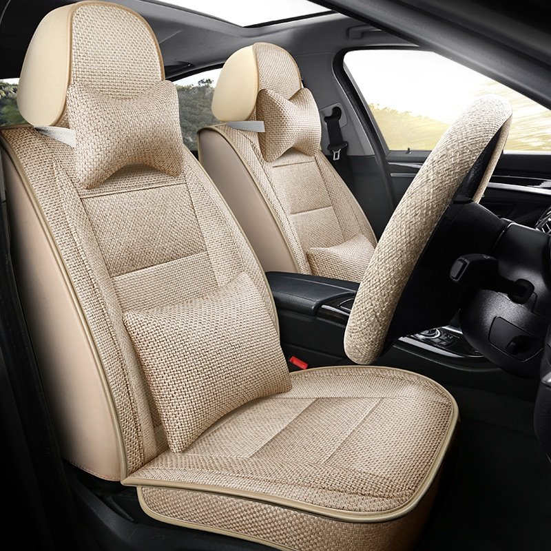 Car Seat Cover Breathable Fabric Wear-resistant Materials Wear-resisting Scratch No Peculiar Smell Fresh Breathable Not Stuffy Airbag Compatible 5-seater Universal Fit Seat Covers for Auto with Lumbar Pillow*2 Headrest Pillow*2 Steering Wheel Cover*1