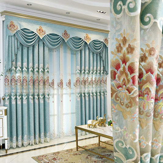 European Blue Shading Curtains Embroidery Floral Hollowed-out Curtains for Living Room Bedroom Decoration Custom 2 Panels Drapes No Pilling No Fading No off-lining Chenille