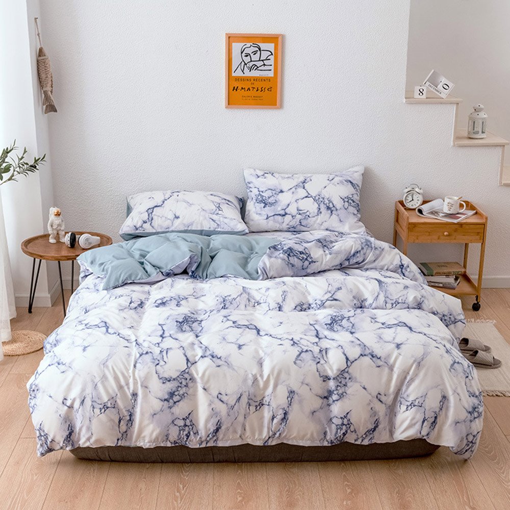 Blauer Marmor, dreiteiliges Set für chemische Reinigung, Steppung, Bettbezug-Set, Polyester-Bettwäsche-Sets, Polyester-Bettwäsche-Sets 