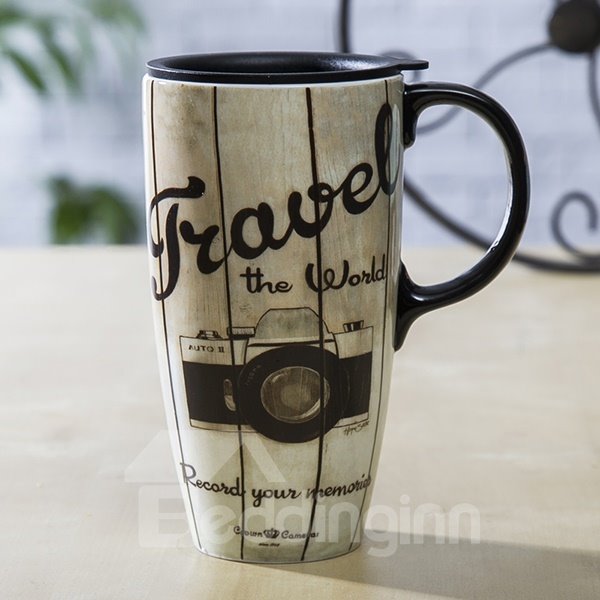 Unique Travel the World Camera Pattern Ceramic Tall Coffee Mug