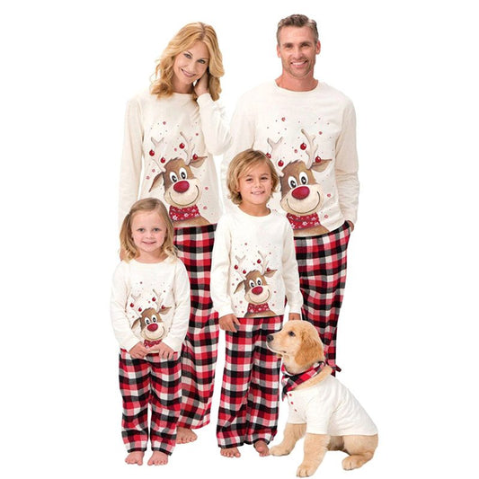 Familien-Outfit-Anzug, weißes Cartoon-Hirschkopf-Langarmoberteil, karierte Hose, Eltern-Kind-Outfit, Weihnachtsgeschenk