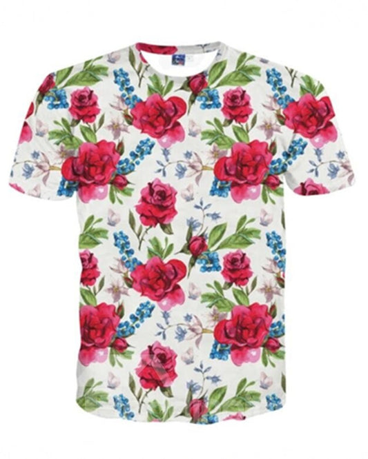 Stylisches Rundhals-T-Shirt mit rotem Blumenmuster und 3D-Bemalung 